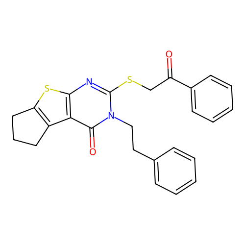 2-((2-oxo-2-phenylethyl)thio)-3-phenethyl-6,7-dihydro-3H-cyclopenta[4,5]thieno[2,3-d]pyrimidin-4(5H)-one structure
