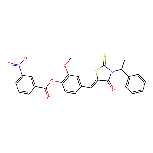 (Z)-2-methoxy-4-((4-oxo-3-(1-phenylethyl)-2-thioxothiazolidin-5-ylidene)methyl)phenyl 3-nitrobenzoate structure