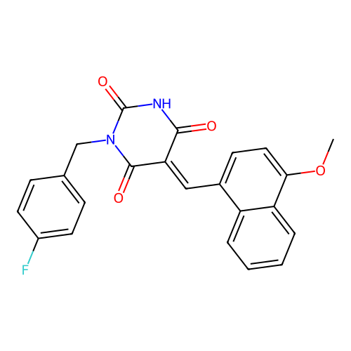 (E)-1-(4-fluorobenzyl)-5-((4-methoxynaphthalen-1-yl)methylene)pyrimidine-2,4,6(1H,3H,5H)-trione structure