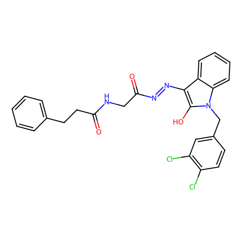 (Z)-N-(2-(2-(1-(3,4-dichlorobenzyl)-2-oxoindolin-3-ylidene)hydrazinyl)-2-oxoethyl)-3-phenylpropanamide structure