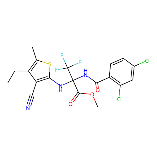 methyl 2-((3-cyano-4-ethyl-5-methylthiophen-2-yl)amino)-2-(2,4-dichlorobenzamido)-3,3,3-trifluoropropanoate structure