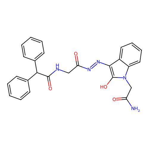 (Z)-N-(2-(2-(1-(2-amino-2-oxoethyl)-2-oxoindolin-3-ylidene)hydrazinyl)-2-oxoethyl)-2,2-diphenylacetamide structure