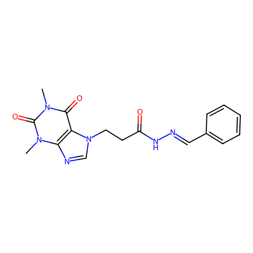 (E)-N'-benzylidene-3-(1,3-dimethyl-2,6-dioxo-2,3-dihydro-1H-purin-7(6H)-yl)propanehydrazide structure