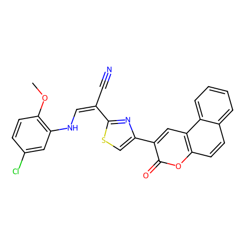 (2Z)-3-[(5-chloro-2-methoxyphenyl)amino]-2-[4-(3-oxo-3H-benzo[f]chromen-2-yl)-1,3-thiazol-2-yl]prop-2-enenitrile structure