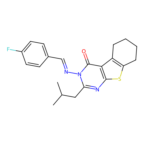 (E)-3-((4-fluorobenzylidene)amino)-2-isobutyl-5,6,7,8-tetrahydrobenzo[4,5]thieno[2,3-d]pyrimidin-4(3H)-one structure