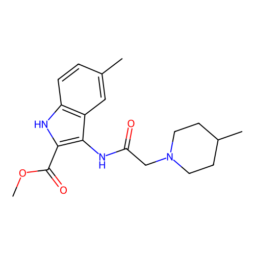 methyl 5-methyl-3-(2-(4-methylpiperidin-1-yl)acetamido)-1H-indole-2-carboxylate structure