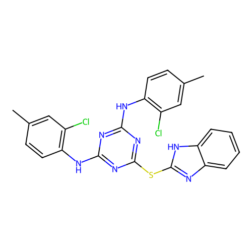 6-((1H-benzo[d]imidazol-2-yl)thio)-N2,N4-bis(2-chloro-4-methylphenyl)-1,3,5-triazine-2,4-diamine structure