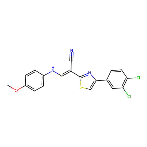 (E)-2-(4-(3,4-dichlorophenyl)thiazol-2-yl)-3-((4-methoxyphenyl)amino)acrylonitrile structure