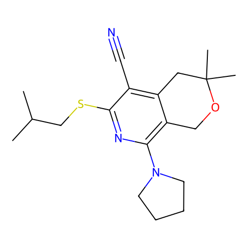 3,3-dimethyl-6-(2-methylpropylsulfanyl)-8-pyrrolidin-1-yl-1,4-dihydropyrano[3,4-c]pyridine-5-carbonitrile structure