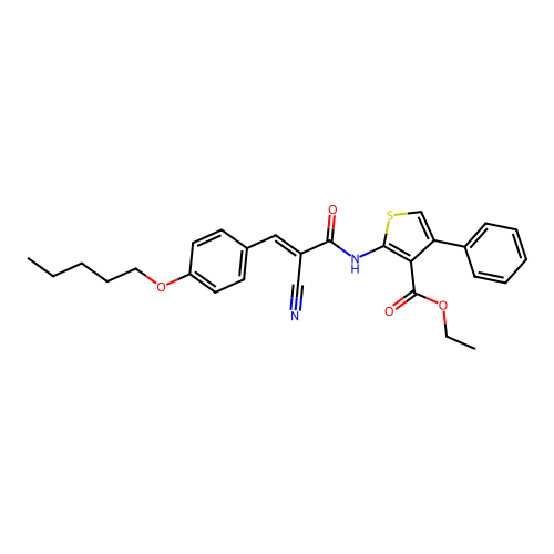 (E)-ethyl 2-(2-cyano-3-(4-(pentyloxy)phenyl)acrylamido)-4-phenylthiophene-3-carboxylate structure