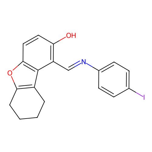 (E)-1-(((4-iodophenyl)imino)methyl)-6,7,8,9-tetrahydrodibenzo[b,d]furan-2-ol structure