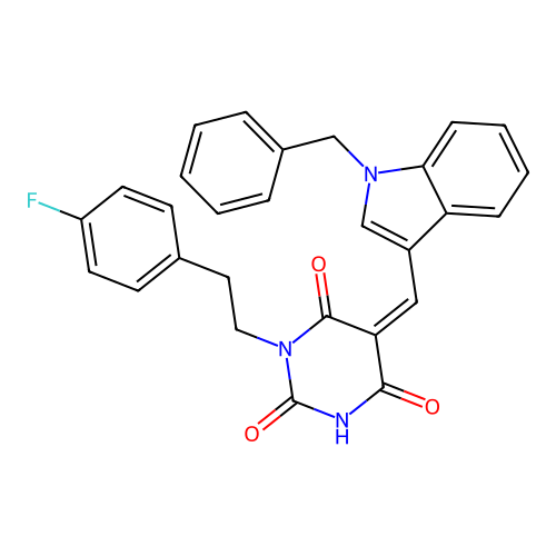 (5Z)-5-[(1-benzylindol-3-yl)methylidene]-1-[2-(4-fluorophenyl)ethyl]-1,3-diazinane-2,4,6-trione structure