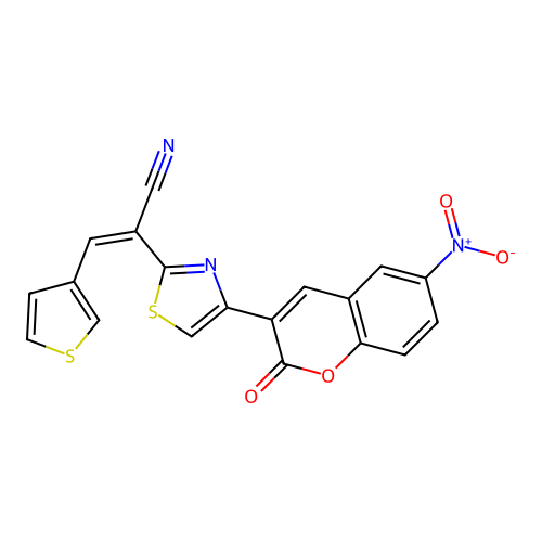 (Z)-2-(4-(6-nitro-2-oxo-2H-chromen-3-yl)thiazol-2-yl)-3-(thiophen-3-yl)acrylonitrile structure