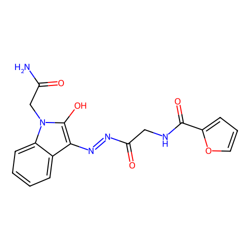 (Z)-N-(2-(2-(1-(2-amino-2-oxoethyl)-2-oxoindolin-3-ylidene)hydrazinyl)-2-oxoethyl)furan-2-carboxamide structure
