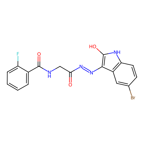 N-[[(5-bromo-2-oxo-indol-3-yl)amino]carbamoylmethyl]-2-fluoro-benzamide structure