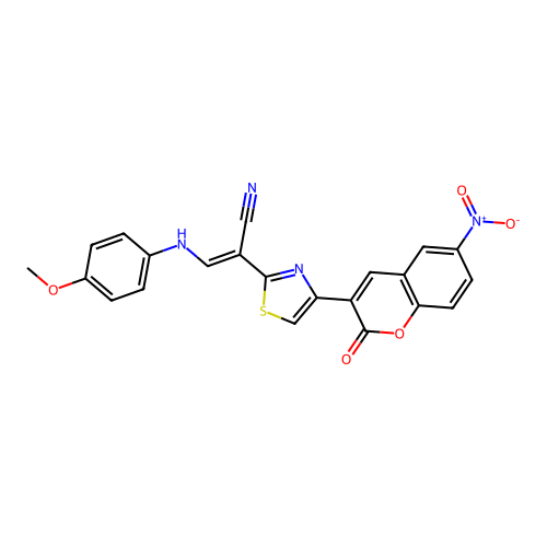 (2E)-3-[(4-methoxyphenyl)amino]-2-[4-(6-nitro-2-oxo-2H-chromen-3-yl)-1,3-thiazol-2-yl]prop-2-enenitrile structure