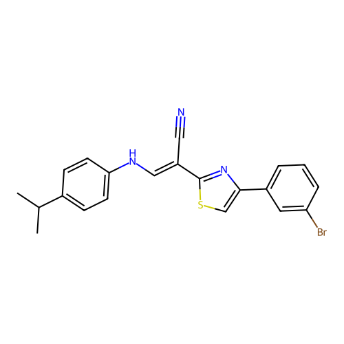 (2E)-2-[4-(3-bromophenyl)-1,3-thiazol-2-yl]-3-{[4-(propan-2-yl)phenyl]amino}prop-2-enenitrile structure