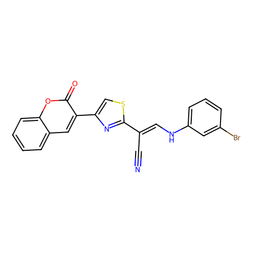 (E)-3-((3-bromophenyl)amino)-2-(4-(2-oxo-2H-chromen-3-yl)thiazol-2-yl)acrylonitrile structure