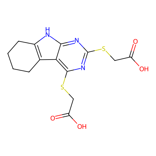 2,2'-(6,7,8,9-tetrahydro-5H-pyrimido[4,5-b]indole-2,4-diyldisulfanediyl)diacetic acid structure