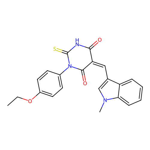 (Z)-1-(4-ethoxyphenyl)-5-((1-methyl-1H-indol-3-yl)methylene)-2-thioxodihydropyrimidine-4,6(1H,5H)-dione structure