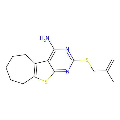 2-((2-methylallyl)thio)-6,7,8,9-tetrahydro-5H-cyclohepta[4,5]thieno[2,3-d]pyrimidin-4-amine structure