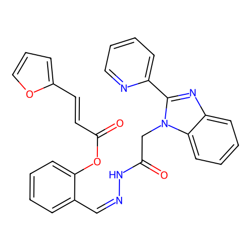(E)-2-((Z)-(2-(2-(2-(pyridin-2-yl)-1H-benzo[d]imidazol-1-yl)acetyl)hydrazono)methyl)phenyl 3-(furan-2-yl)acrylate structure