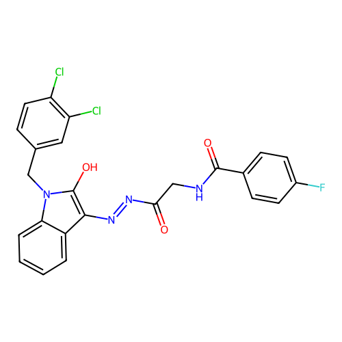 (Z)-N-(2-(2-(1-(3,4-dichlorobenzyl)-2-oxoindolin-3-ylidene)hydrazinyl)-2-oxoethyl)-4-fluorobenzamide structure