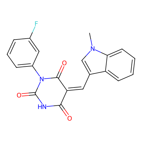 (Z)-1-(3-fluorophenyl)-5-((1-methyl-1H-indol-3-yl)methylene)pyrimidine-2,4,6(1H,3H,5H)-trione structure