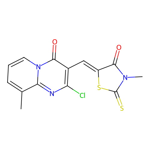 2-chloro-9-methyl-3-[(Z)-(3-methyl-4-oxo-2-thioxo-1,3-thiazolidin-5-ylidene)methyl]-4H-pyrido[1,2-a]pyrimidin-4-one structure