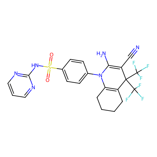4-(2-amino-3-cyano-4,4-bis(trifluoromethyl)-5,6,7,8-tetrahydroquinolin-1(4H)-yl)-N-(pyrimidin-2-yl)benzenesulfonamide structure
