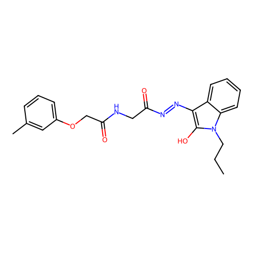 2-[[2-(3-methylphenoxy)acetyl]amino]-N-[(2-oxo-1-propylindol-3-ylidene)amino]acetamide structure