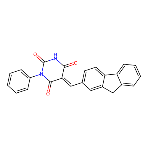 (E)-5-((9H-fluoren-2-yl)methylene)-1-phenylpyrimidine-2,4,6(1H,3H,5H)-trione structure
