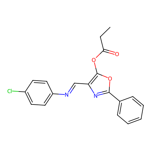 4-{(E)-[(4-chlorophenyl)imino]methyl}-2-phenyl-1,3-oxazol-5-yl propanoate structure