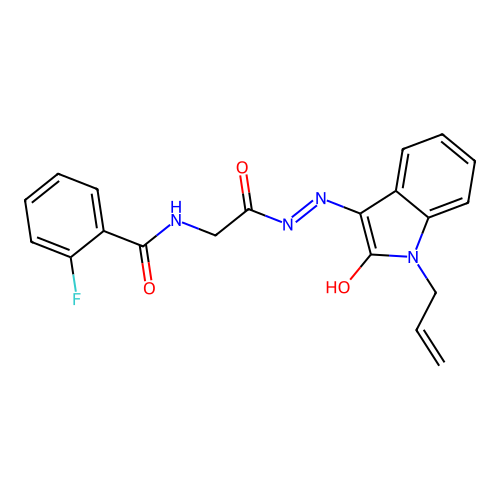 (Z)-N-(2-(2-(1-allyl-2-oxoindolin-3-ylidene)hydrazinyl)-2-oxoethyl)-2-fluorobenzamide structure