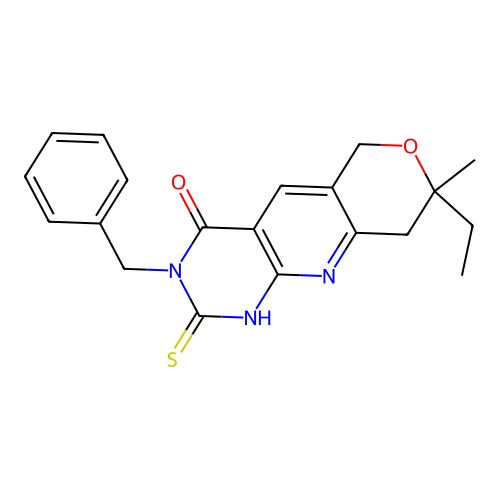 3-benzyl-8-ethyl-8-methyl-2-thioxo-2,3,8,9-tetrahydro-1H-pyrano[3',4':5,6]pyrido[2,3-d]pyrimidin-4(6H)-one structure