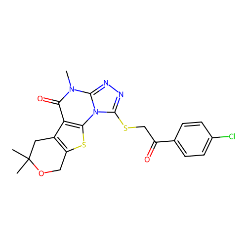 1-((2-(4-chlorophenyl)-2-oxoethyl)thio)-4,7,7-trimethyl-6,7-dihydro-4H-pyrano[4',3':4,5]thieno[3,2-e][1,2,4]triazolo[4,3-a]pyrimidin-5(9H)-one structure