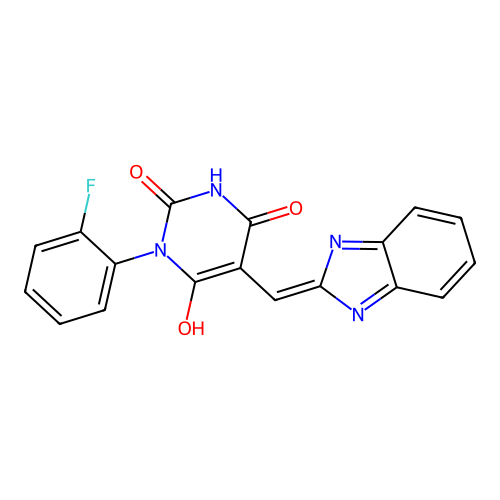 (5Z)-5-(1H-benzimidazol-2-ylmethylidene)-1-(2-fluorophenyl)-1,3-diazinane-2,4,6-trione structure