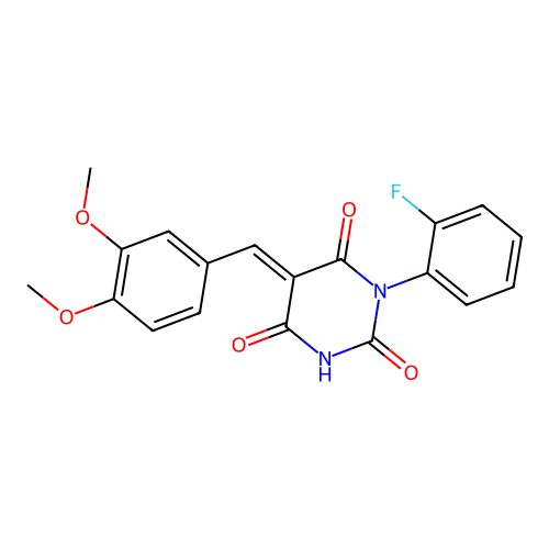 (E)-5-(3,4-dimethoxybenzylidene)-1-(2-fluorophenyl)pyrimidine-2,4,6(1H,3H,5H)-trione structure