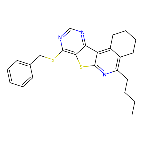 8-(benzylthio)-5-butyl-1,2,3,4-tetrahydropyrimido[4',5':4,5]thieno[2,3-c]isoquinoline structure