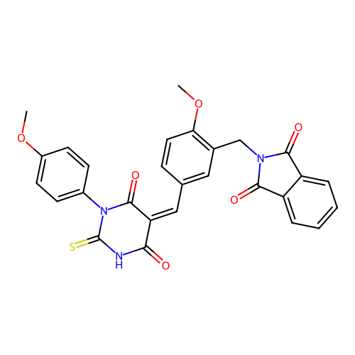 (Z)-2-(2-methoxy-5-((1-(4-methoxyphenyl)-4,6-dioxo-2-thioxotetrahydropyrimidin-5(2H)-ylidene)methyl)benzyl)isoindoline-1,3-dione structure