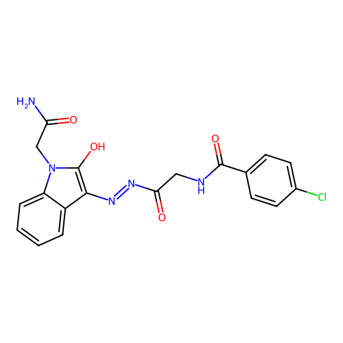 (Z)-N-(2-(2-(1-(2-amino-2-oxoethyl)-2-oxoindolin-3-ylidene)hydrazinyl)-2-oxoethyl)-4-chlorobenzamide structure