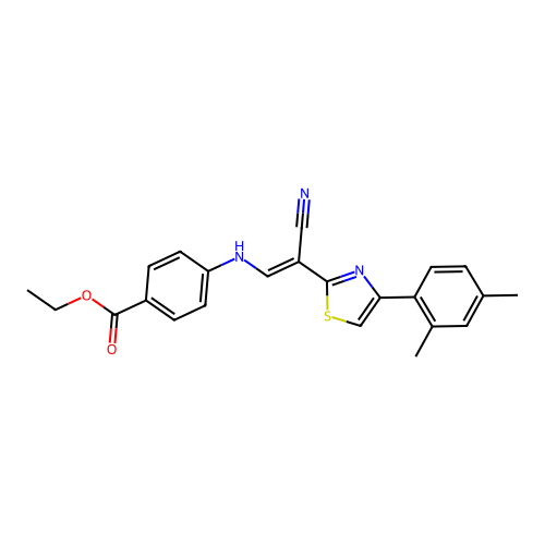 (E)-ethyl 4-((2-cyano-2-(4-(2,4-dimethylphenyl)thiazol-2-yl)vinyl)amino)benzoate structure