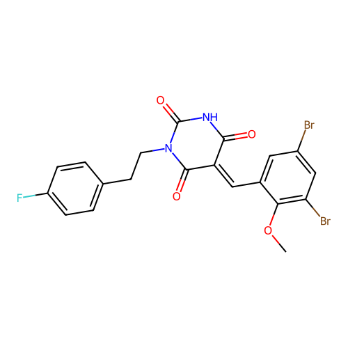 (E)-5-(3,5-dibromo-2-methoxybenzylidene)-1-(4-fluorophenethyl)pyrimidine-2,4,6(1H,3H,5H)-trione structure