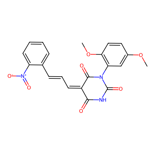 1-(2,5-dimethoxyphenyl)-5-[3-(2-nitrophenyl)prop-2-enylidene]-1,3-diazinane-2,4,6-trione structure