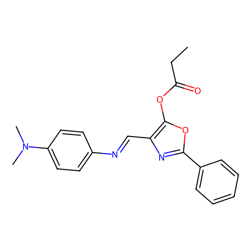 (E)-4-(((4-(dimethylamino)phenyl)imino)methyl)-2-phenyloxazol-5-yl propionate structure