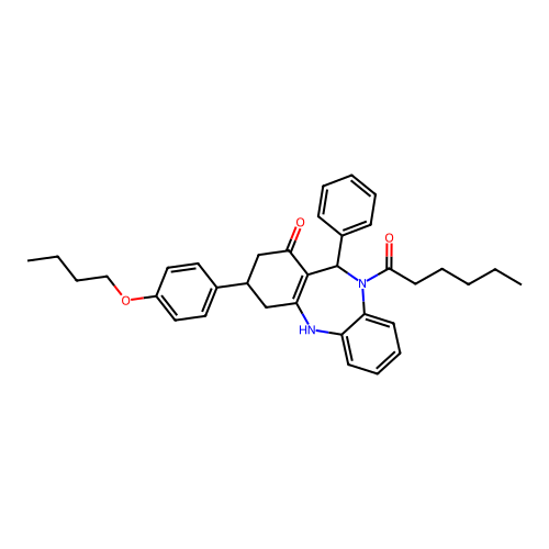 3-(4-butoxyphenyl)-10-hexanoyl-11-phenyl-2,3,4,5,10,11-hexahydro-1H-dibenzo[b,e][1,4]diazepin-1-one structure