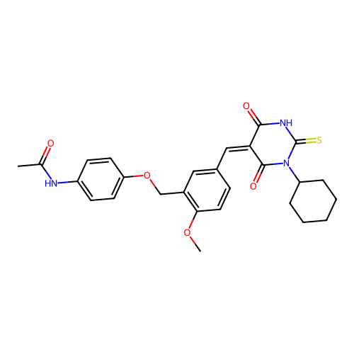 (Z)-N-(4-((5-((1-cyclohexyl-4,6-dioxo-2-thioxotetrahydropyrimidin-5(2H)-ylidene)methyl)-2-methoxybenzyl)oxy)phenyl)acetamide structure