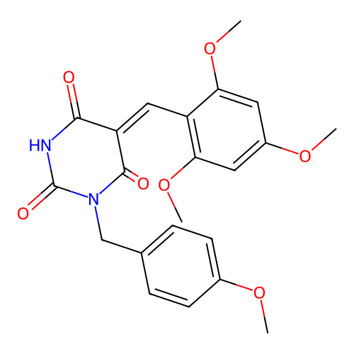 (Z)-1-(4-methoxybenzyl)-5-(2,4,6-trimethoxybenzylidene)pyrimidine-2,4,6(1H,3H,5H)-trione structure