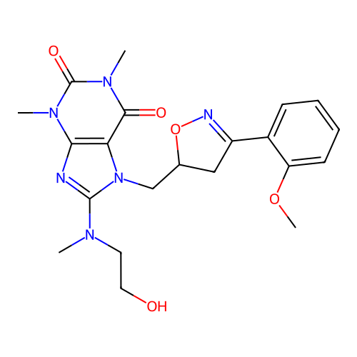 8-((2-hydroxyethyl)(methyl)amino)-7-((3-(2-methoxyphenyl)-4,5-dihydroisoxazol-5-yl)methyl)-1,3-dimethyl-1H-purine-2,6(3H,7H)-dione structure