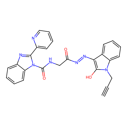 (Z)-N-(2-oxo-2-(2-(2-oxo-1-(prop-2-yn-1-yl)indolin-3-ylidene)hydrazinyl)ethyl)-2-(pyridin-2-yl)-1H-benzo[d]imidazole-1-carboxamide structure